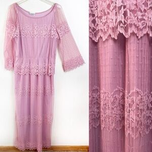 Vintage 80s Samax New York Pink Mesh Lace Overlay Dress Large Romantic Ethereal